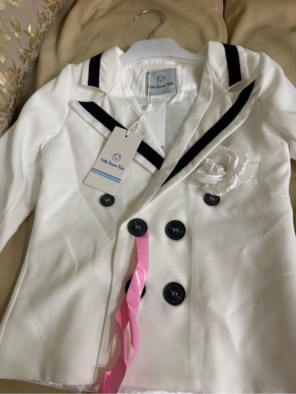 Petite Maison Kids White Double-Breasted Blazer with Black Trim